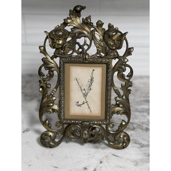 Antique Victorian Heavy Brass Art Nouveau Angels Cherubs Picture Frame Stand - Picture 2 of 8